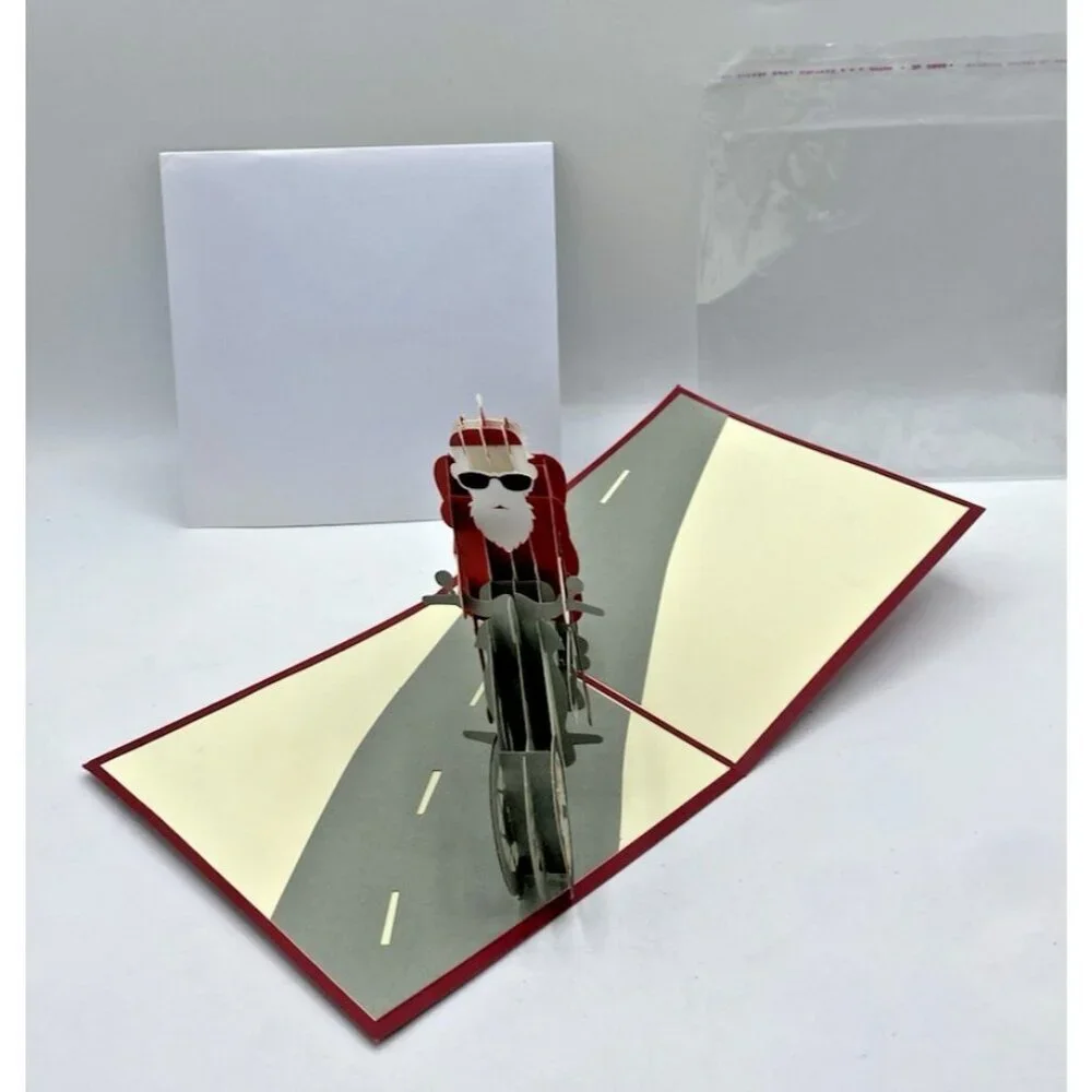 Pop Up Merry Christmas Santa on Motorcycle Greeting Card Biker Collectible 3D
